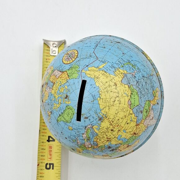 VTG Ohio Art Tin Metal Litho Earth Globe World Coin Piggy Savings Bank W/Stopper - Picture 9 of 10